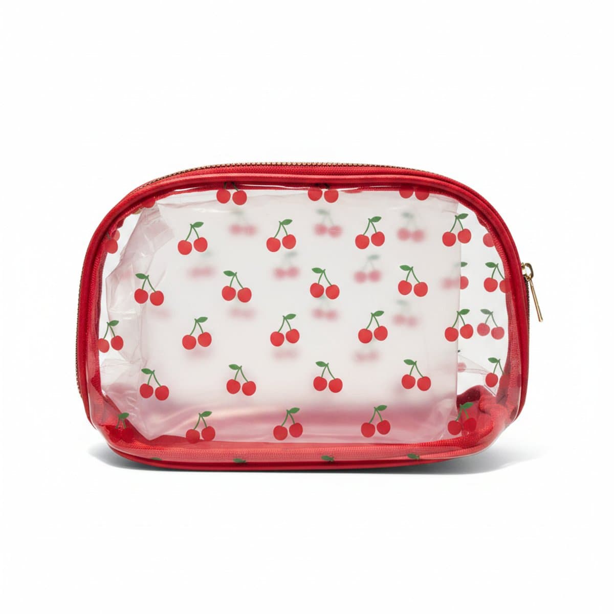 Clear travel cosmetic pouch with red cherry print and red zipper trim, ideal for makeup organization, available at handpicked306 boutique.