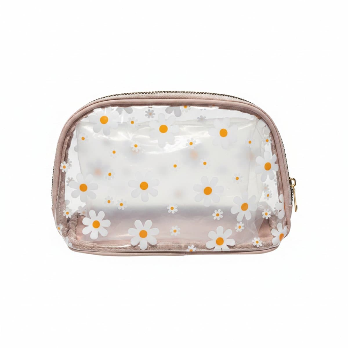 A clear cosmetic travel pouch with a whimsical white daisy pattern and dusty-rose trim, shown on a white wooden surface, available at handpicked306 boutique.