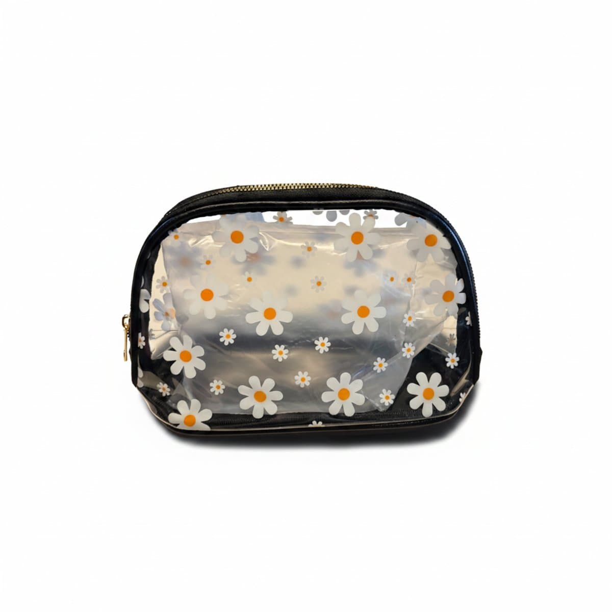 A clear cosmetic pouch featuring a white daisy flower print with a black zipper, sitting on a white surface, available at handpicked306 boutique in Carlyle SK.