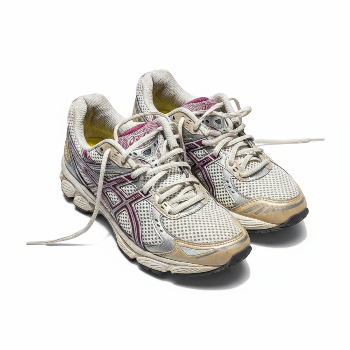 Vintage Asics Gel-Kayano 55 performance sneakers in silver and berry purple, featuring mesh panels and athletic silhouette, available at handpicked306 boutique in Carlyle SK.