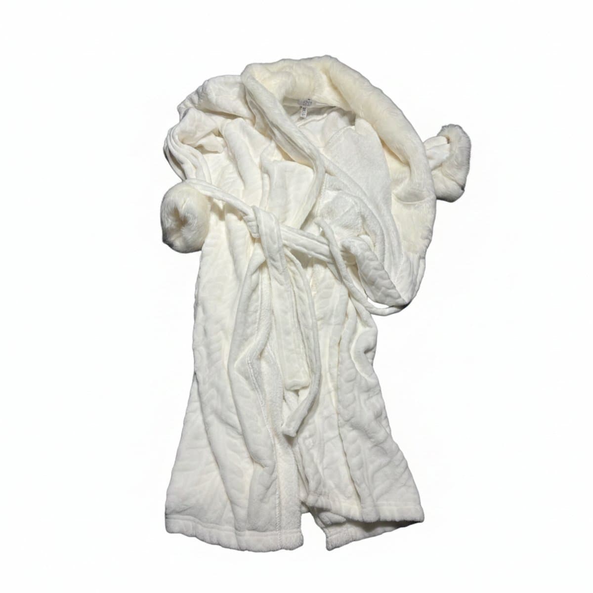 Jones New York cream plush bathrobe with faux fur hood and cuff trim, available at handpicked306 boutique in Carlyle SK.