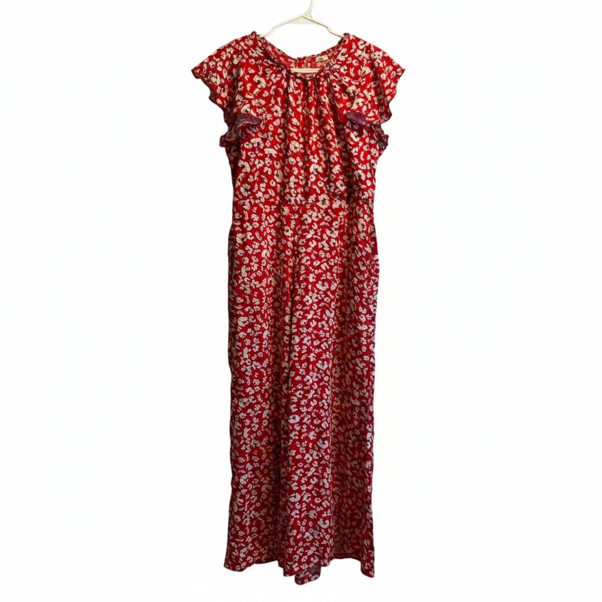 Just Be: Vibrant Vermillion Micro-Floral Flutter Sleeve Jumpsuit