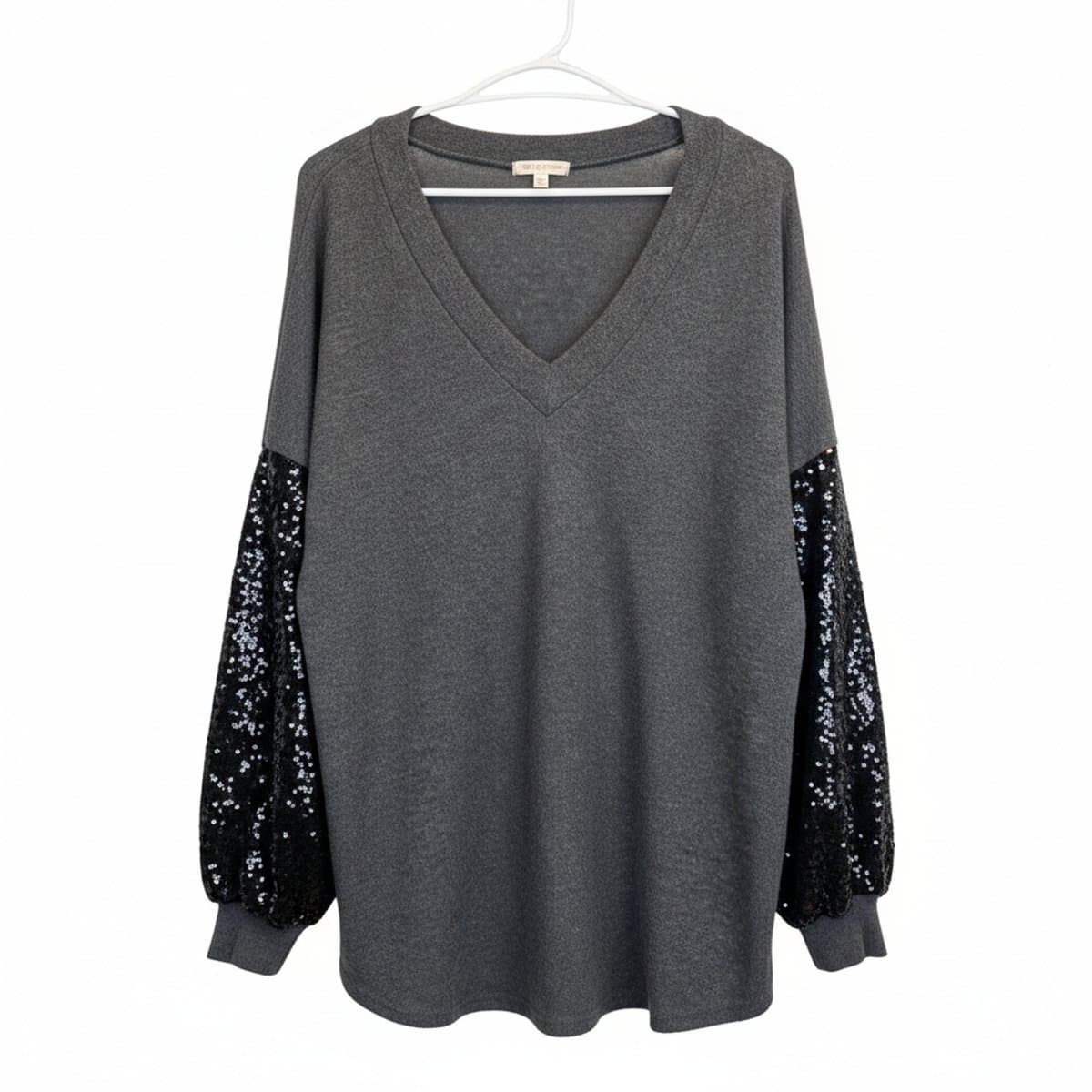 The Gilded Grey: Sequin-Sleeve Marled V-Neck Tunic