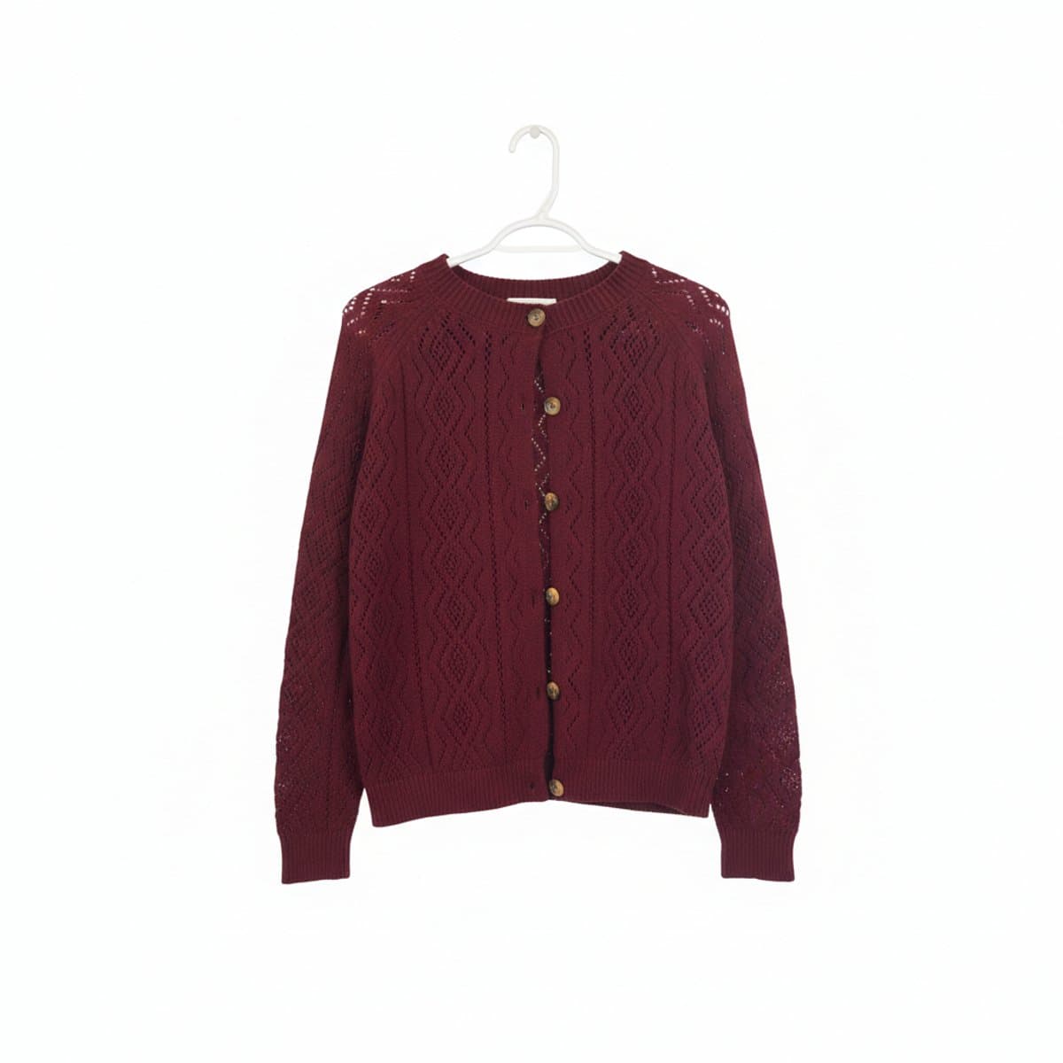 Vintage-Inspired Diamond Lattice Knit Cardigan in Deep Merlot
