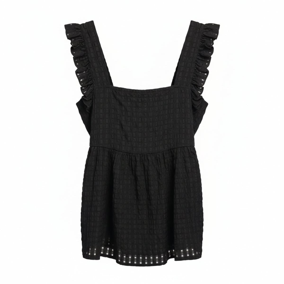 Elegant Noir Textured Ruffle Babydoll Blouse