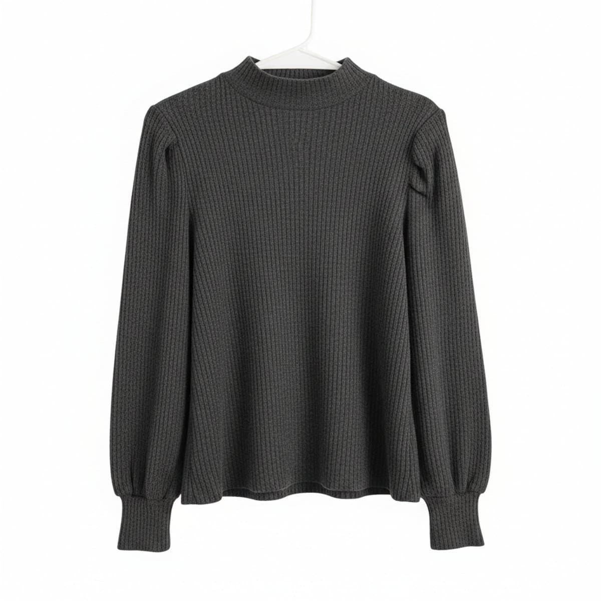 Chic Charcoal Ribbed Mock Neck with Statement Puff Sleeves