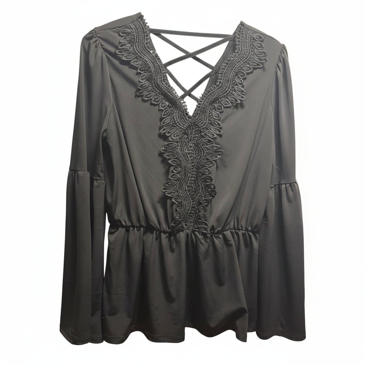 Midnight Guipure Lace Peplum Blouse with Dramatic Bell Sleeves