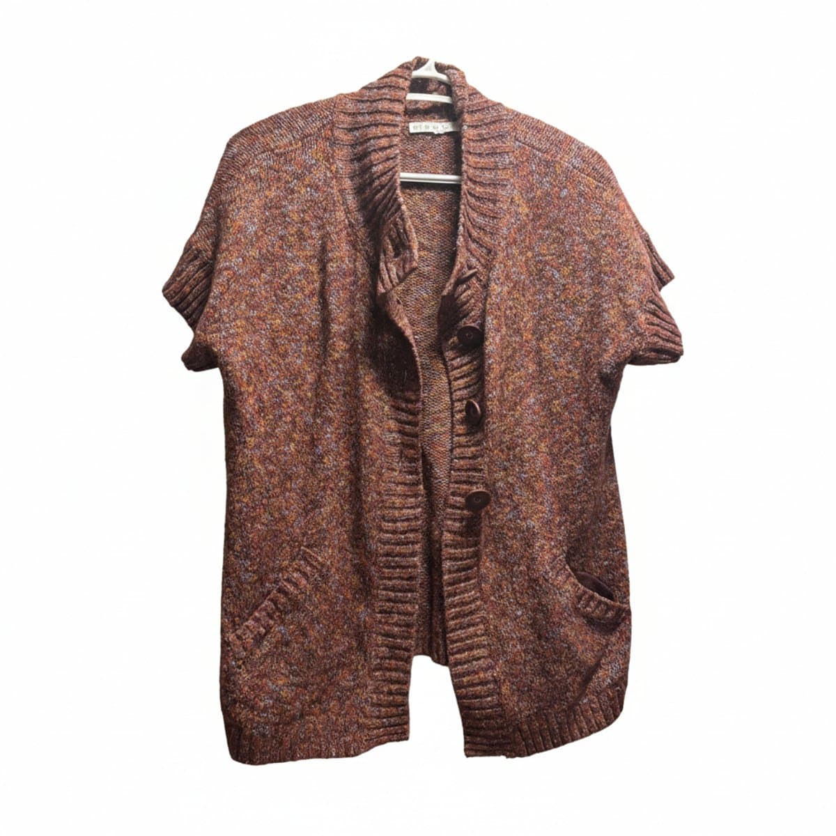 Cleo Harvest-Hue Marled Knit Short-Sleeve Button-Up Cardigan