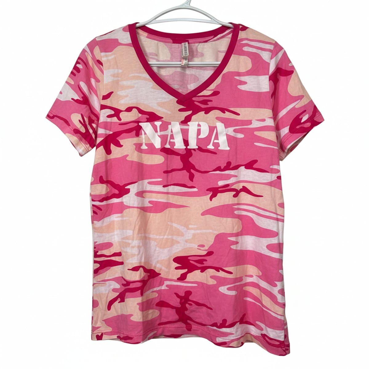 Chic Pink Camouflage 'NAPA' Graphic V-Neck Tee