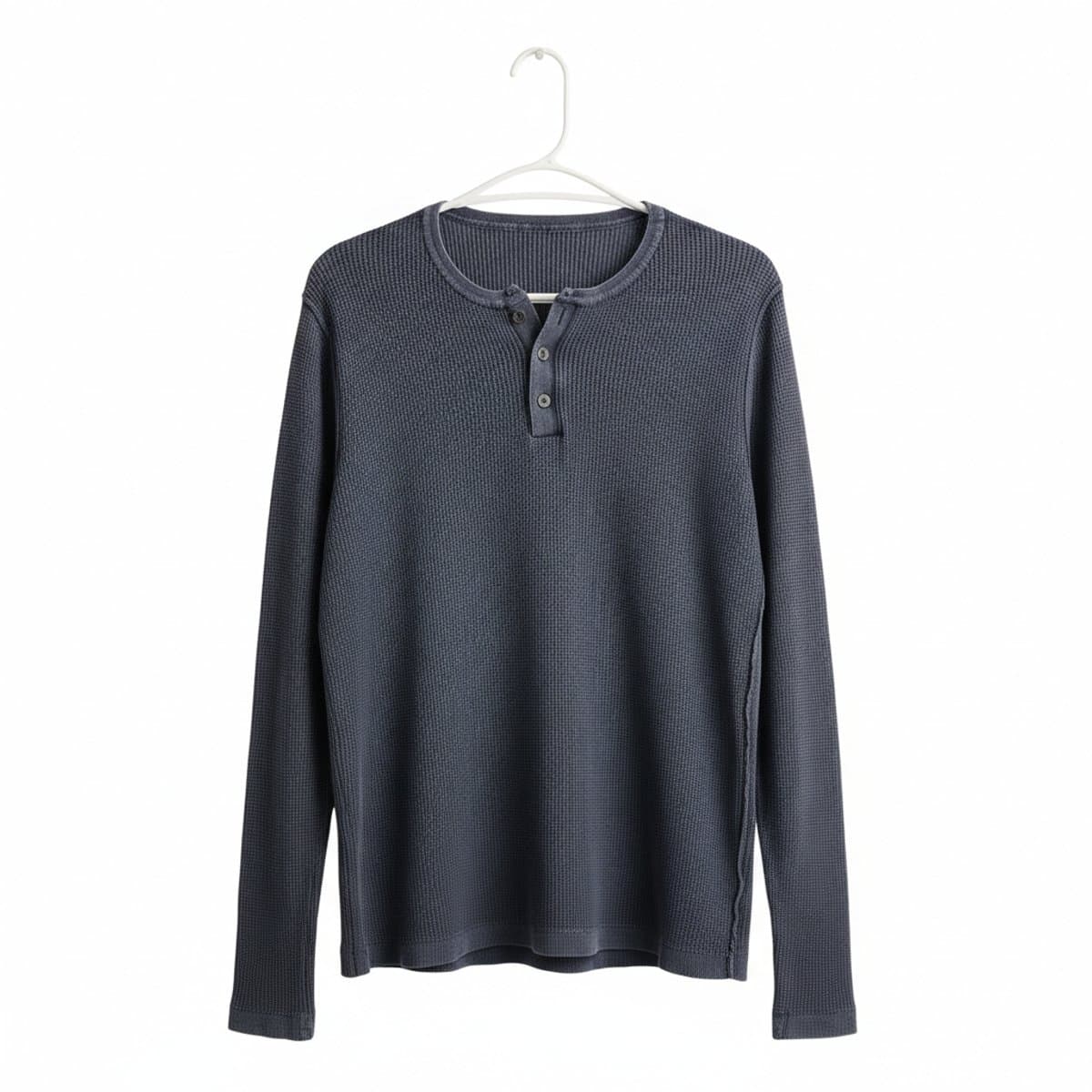 Vintage-Inspired Waffle Knit Henley in Slate Blue