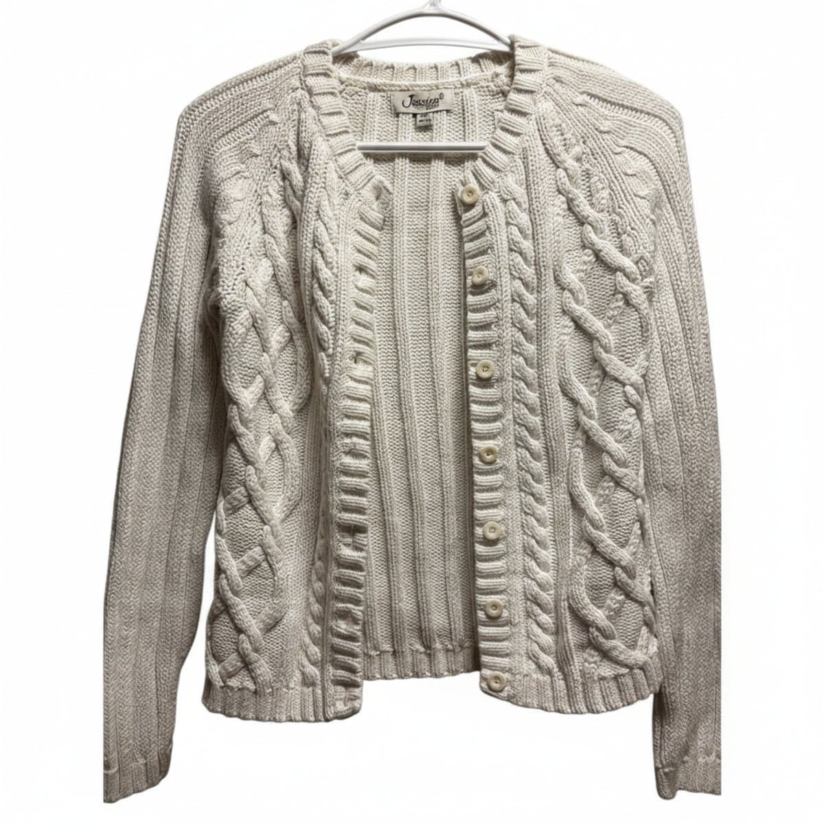 Vintage Jessica Sport Chunky Cable-Knit Cardigan in Alabaster