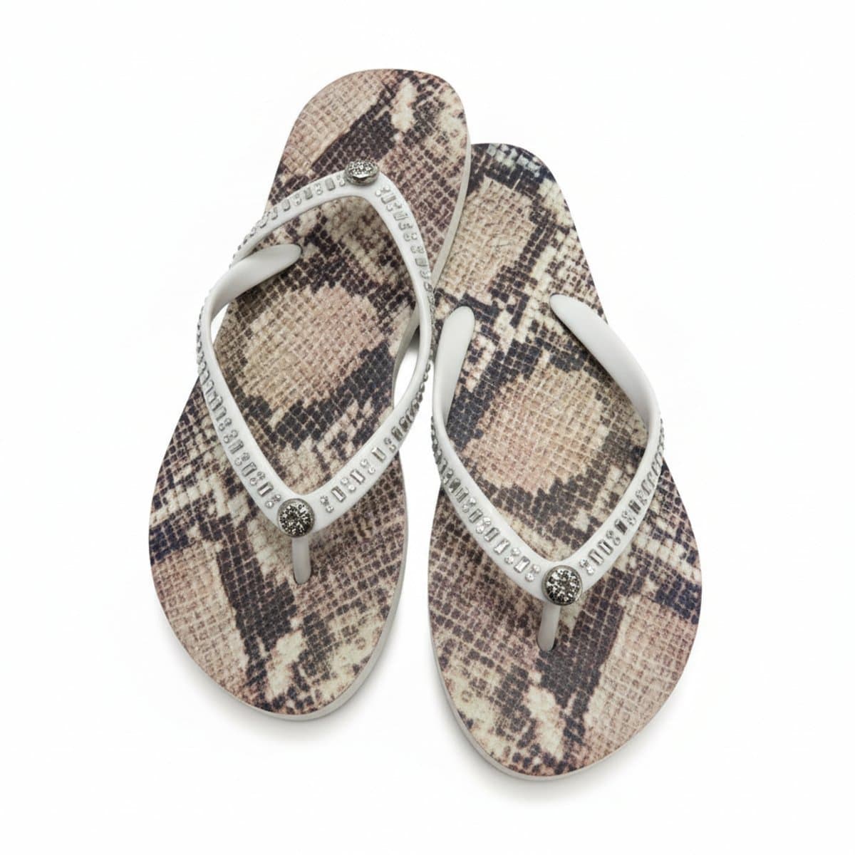GUESS Glam Snakeskin Print & Rhinestone Embellished Flip-Flops