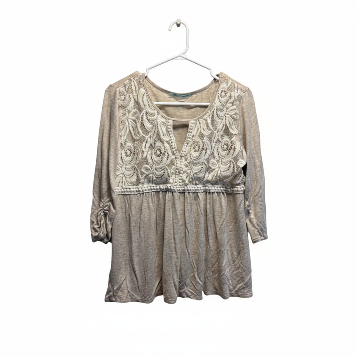 Maurices Cream & Beige Lace-Overlay Peplum Top