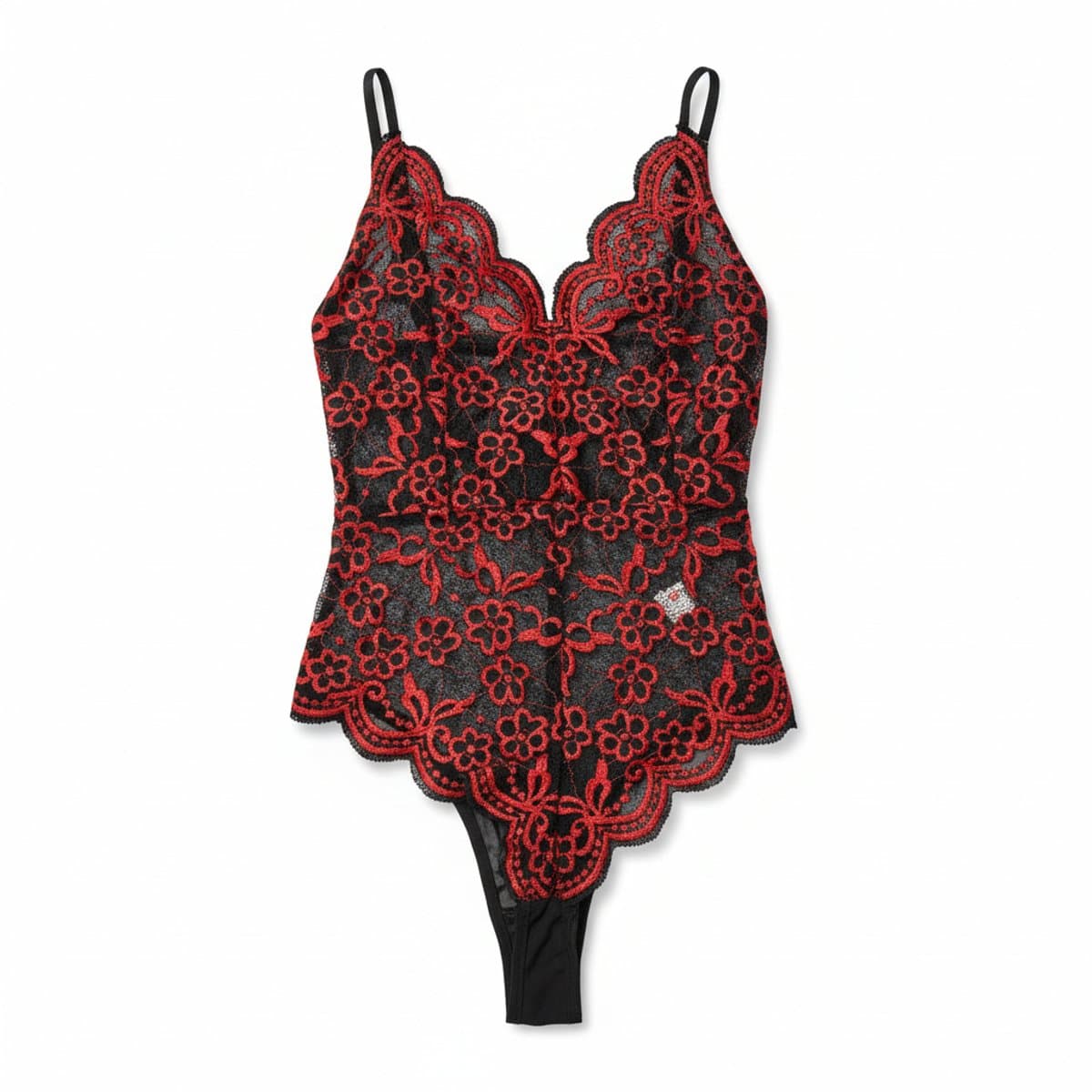 Vintage Red & Black Floral Lace Thong Bodysuit