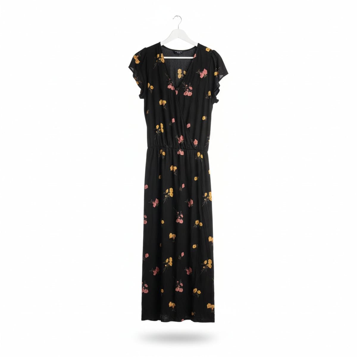 Vintage-Inspired Black Floral Wrap Midi Dress