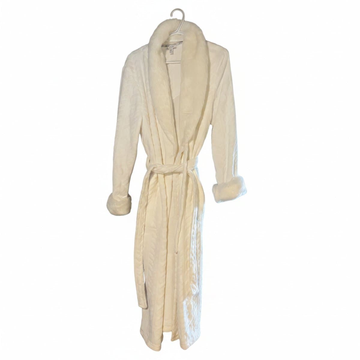Vintage ivory Jones New York plush robe with faux fur trim, mid-calf length, elegant loungewear available at handpicked306 boutique.