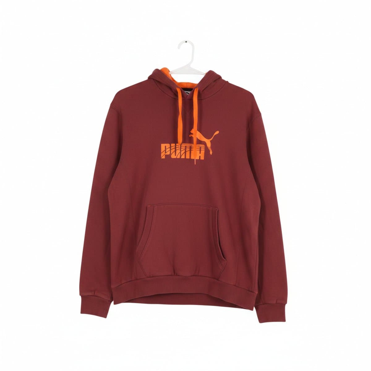 Puma maroon pullover hoodie with burnt orange logo and hood lining, relaxed fit, available at handpicked306 boutique in Carlyle SK.