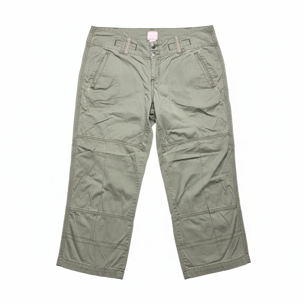 Vintage sage green utility cargo cropped pants with drawstring hem, utility style pockets, available at handpicked306 boutique in Carlyle SK.