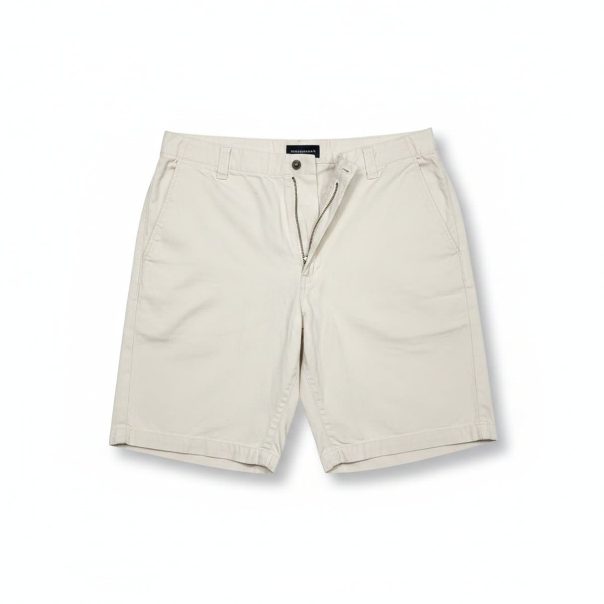 Mens Club Monaco off-white chino shorts, classic tailored fit, premium cotton fabric, minimalist summer style available at handpicked306 boutique.