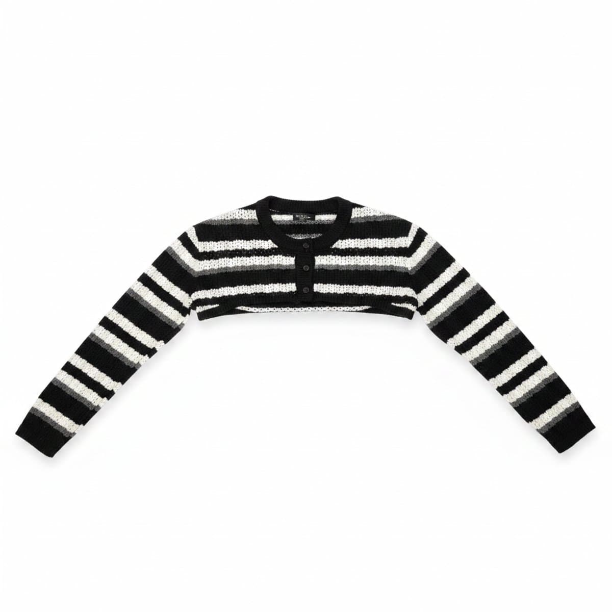 Women's black and white striped ultra-crop bolero shrug with front buttons, minimalist layering piece available at handpicked306 boutique.