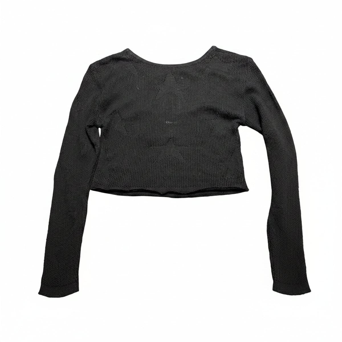 Minimalist Black Star-Knit Textured Long Sleeve Crop Top