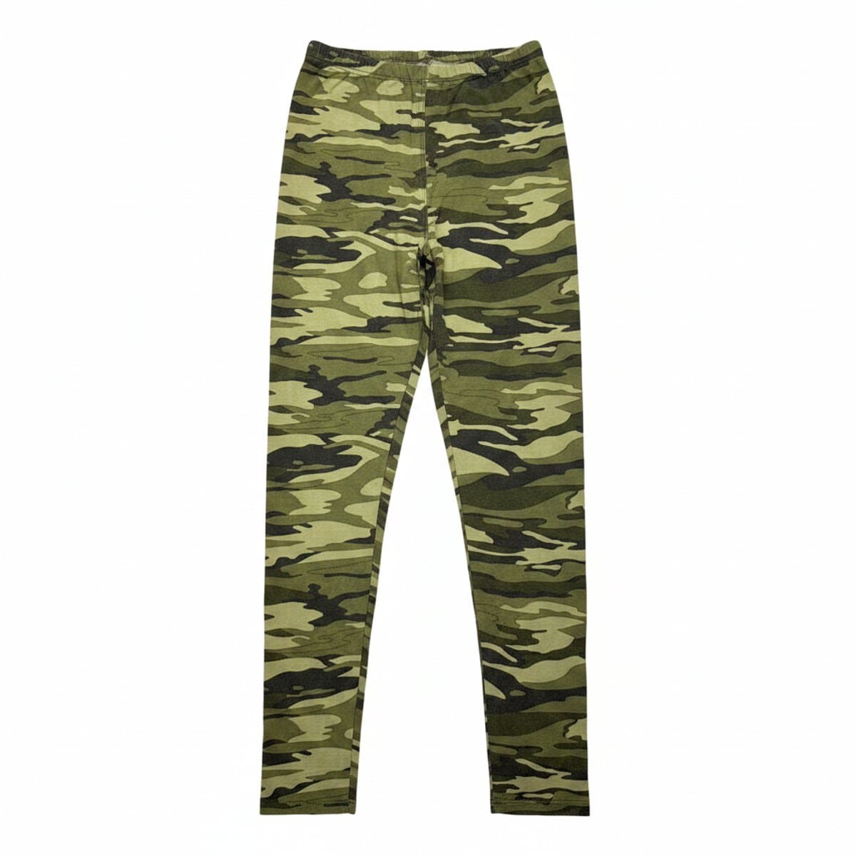 Women's classic forest green camouflage print leggings with an elastic waist, versatile fit, available at handpicked306 boutique in Carlyle SK.