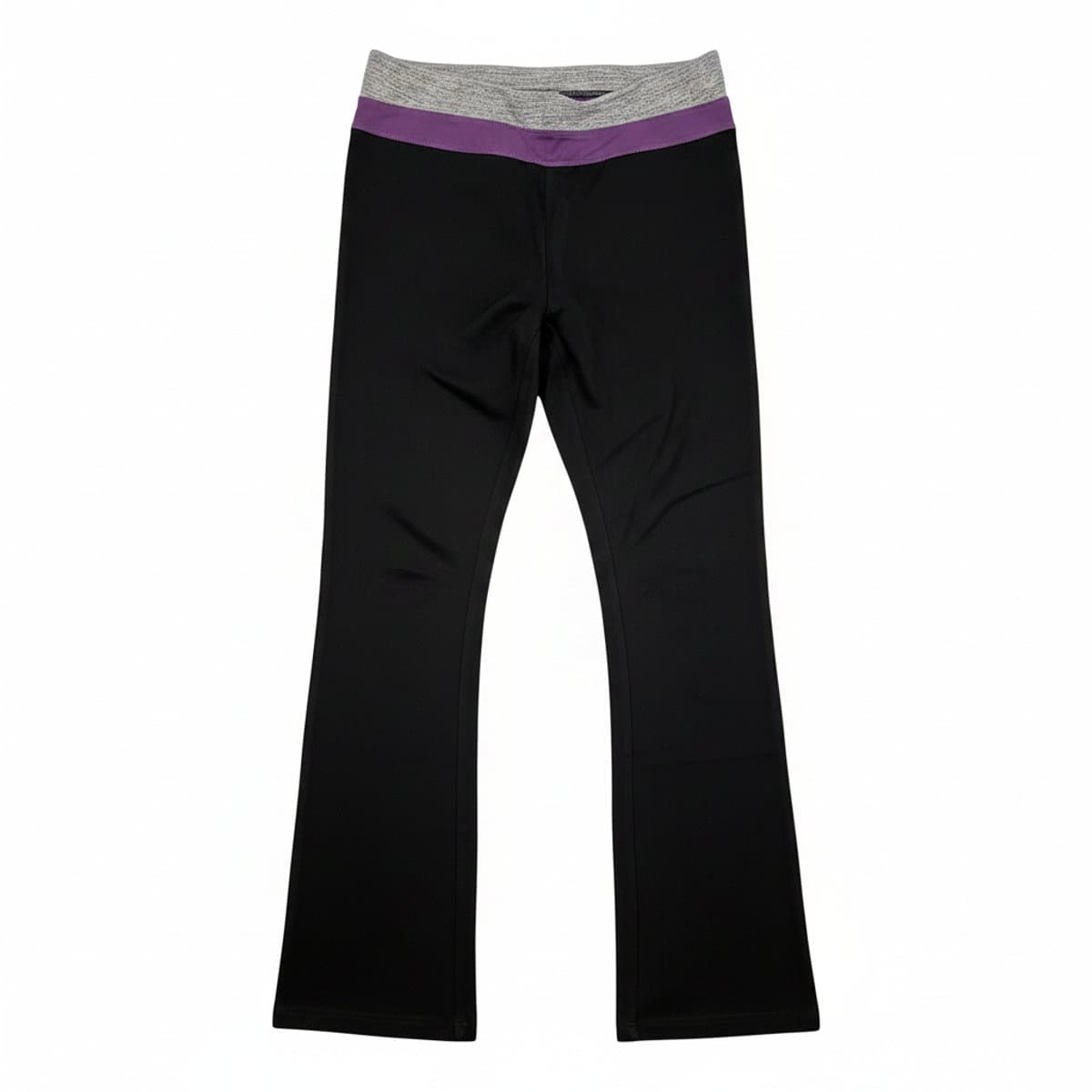 Women's Victoria's Secret black bootcut yoga leggings with a purple and grey contrast waistband, available at handpicked306 boutique in Carlyle SK.