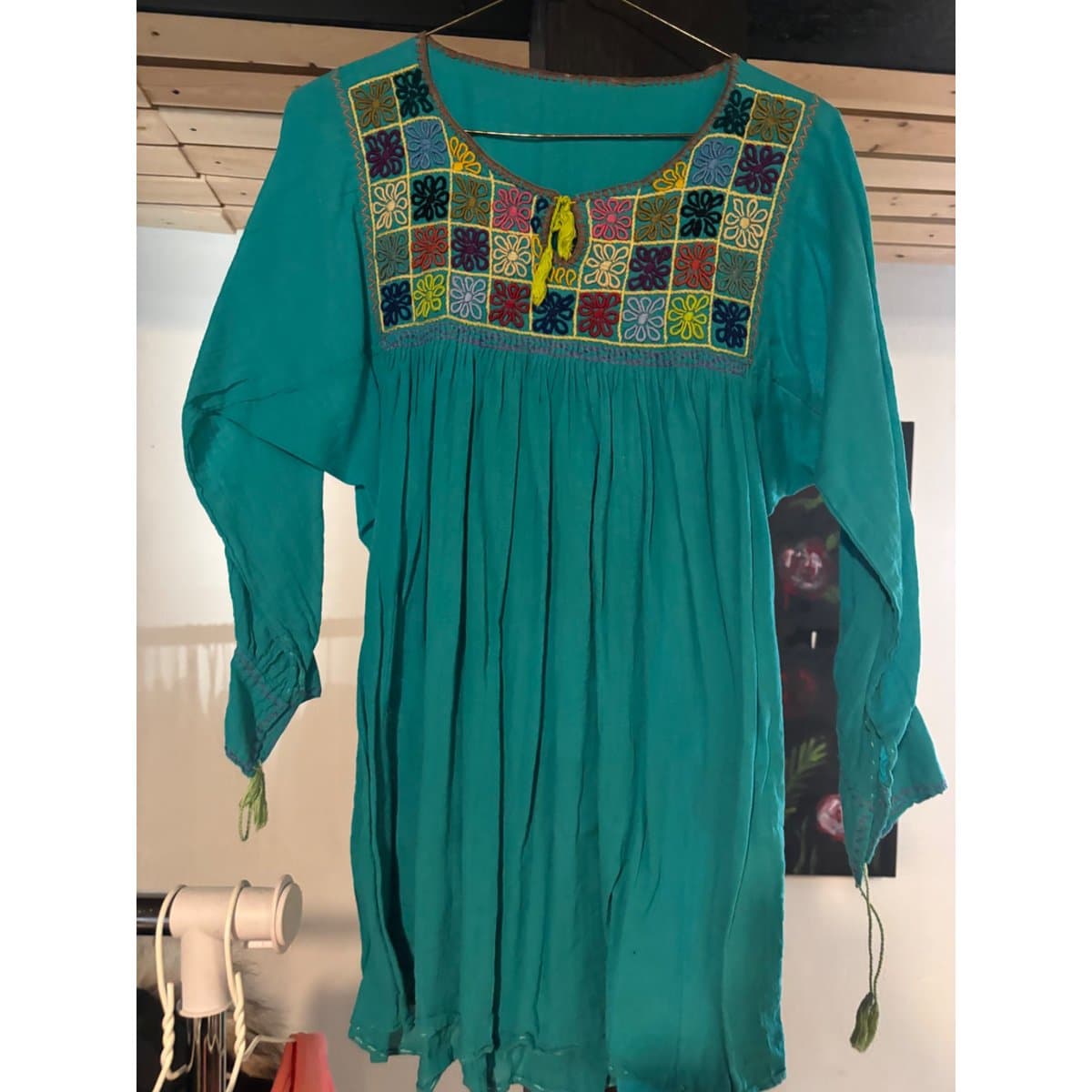 Vintage Teal Mexican Embroidered Peasant Tunic