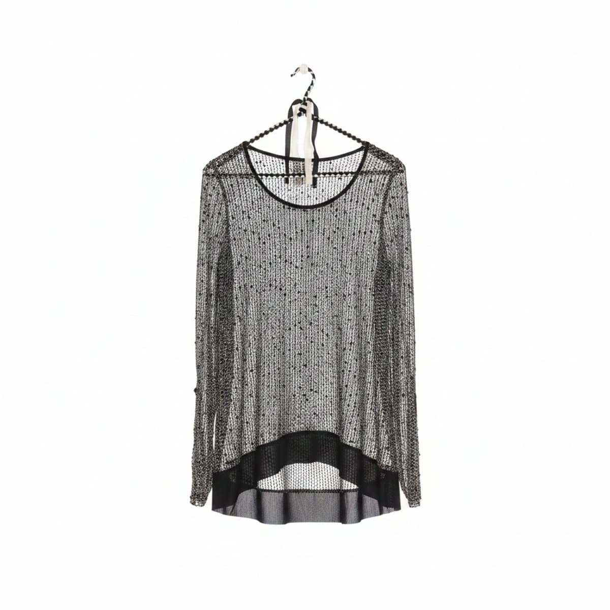 Metallic Noir Open-Knit Evening Layering Top