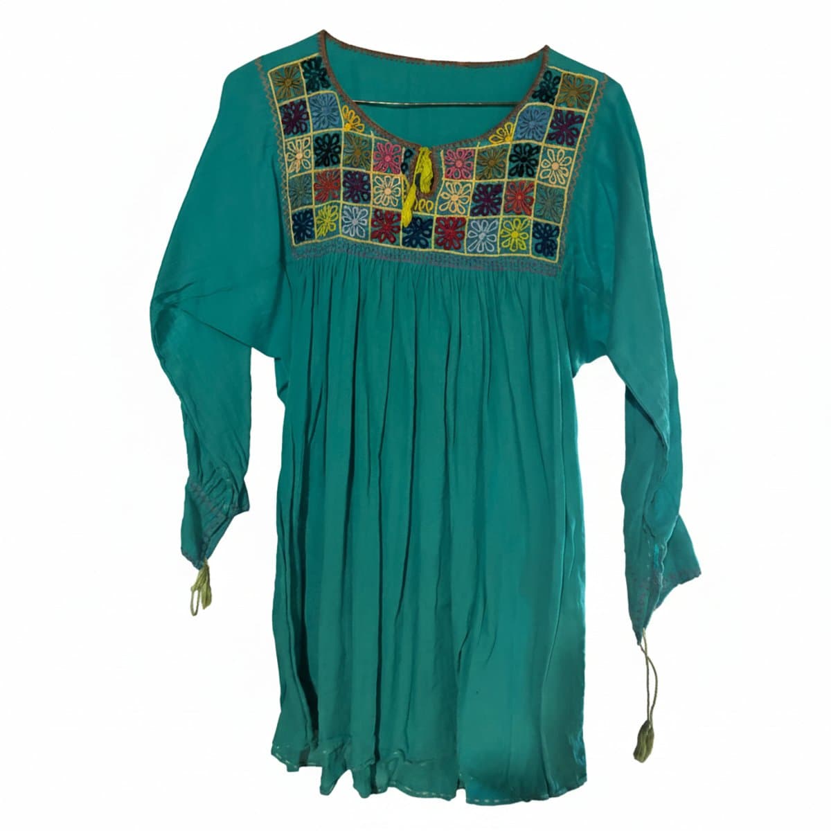 Vintage Teal Mexican Embroidered Peasant Tunic