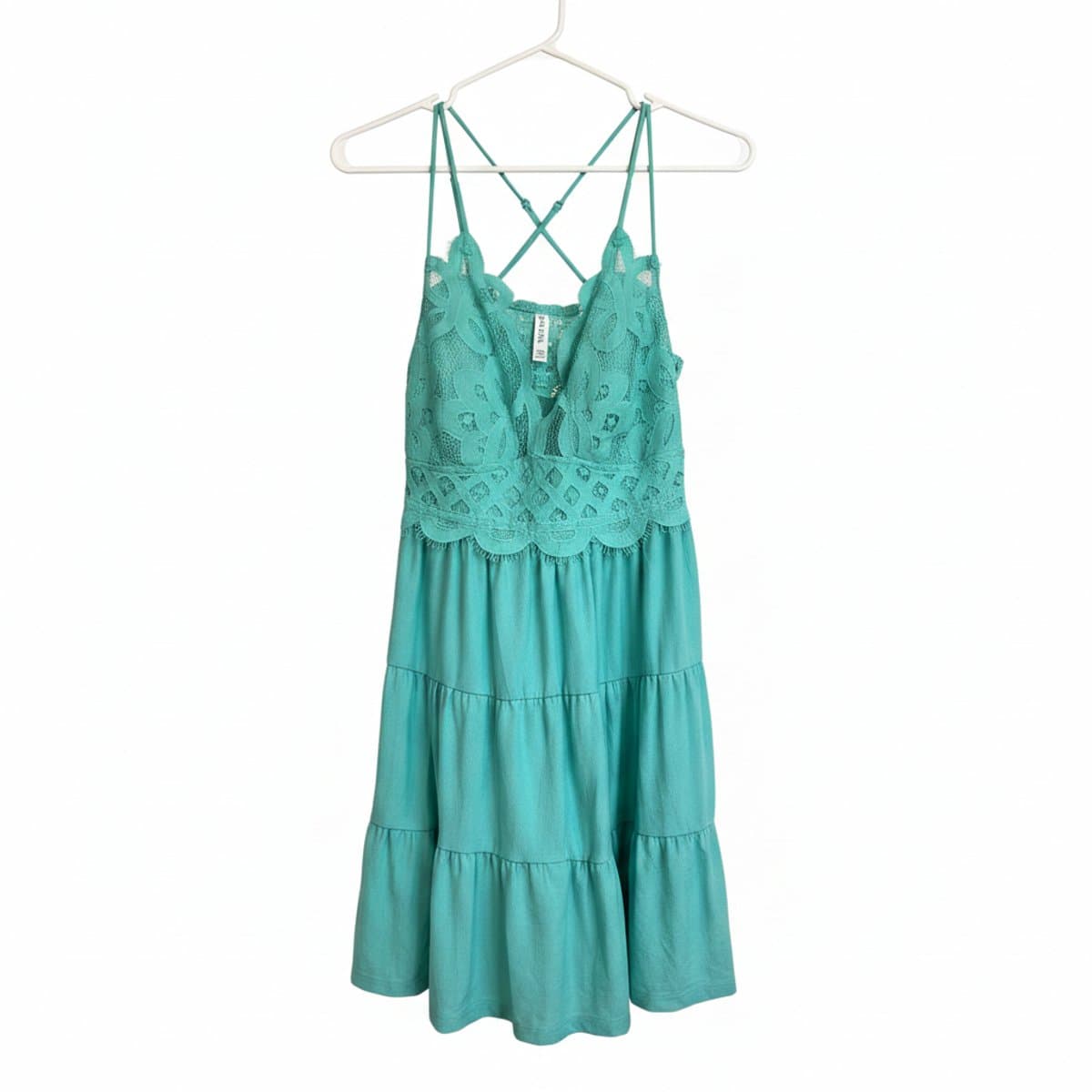 Womens Zenana teal lace bodice tiered cami dress with crisscross straps, vibrant summer style, available at handpicked306 boutique.