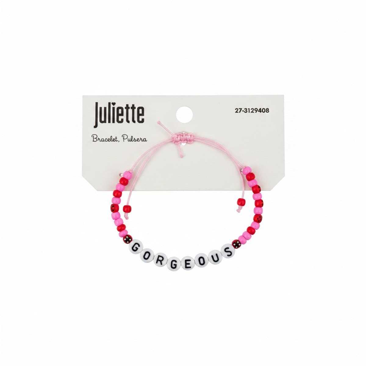 Juliette brand 'GORGEOUS' word beaded bracelet with pink and red beads on original retail card, new with tags, available at handpicked306 boutique.