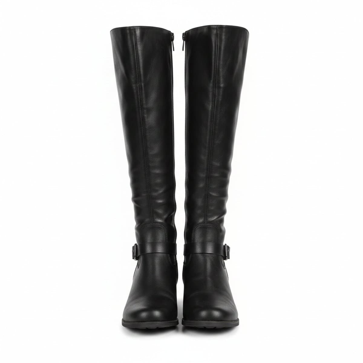 Pair of classic black knee-high riding boots with buckle detail, minimalist style, available at handpicked306 boutique in Carlyle SK.