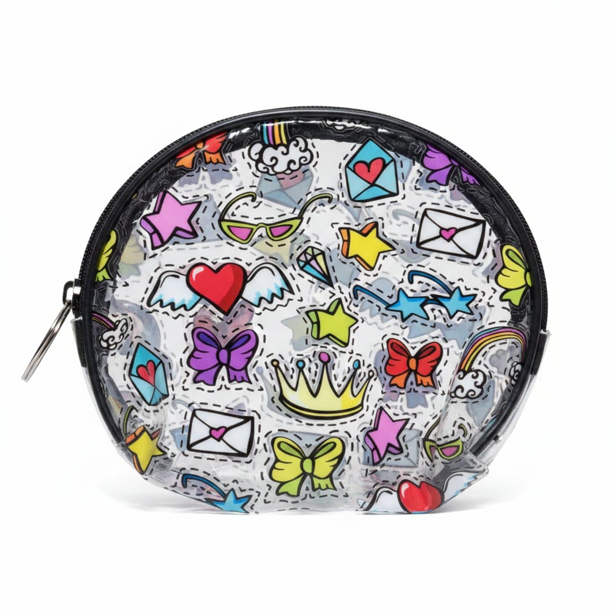 Circular clear vinyl coin purse featuring colorful Y2K style graphics including hearts, crowns, and rainbows, available at handpicked306 boutique.