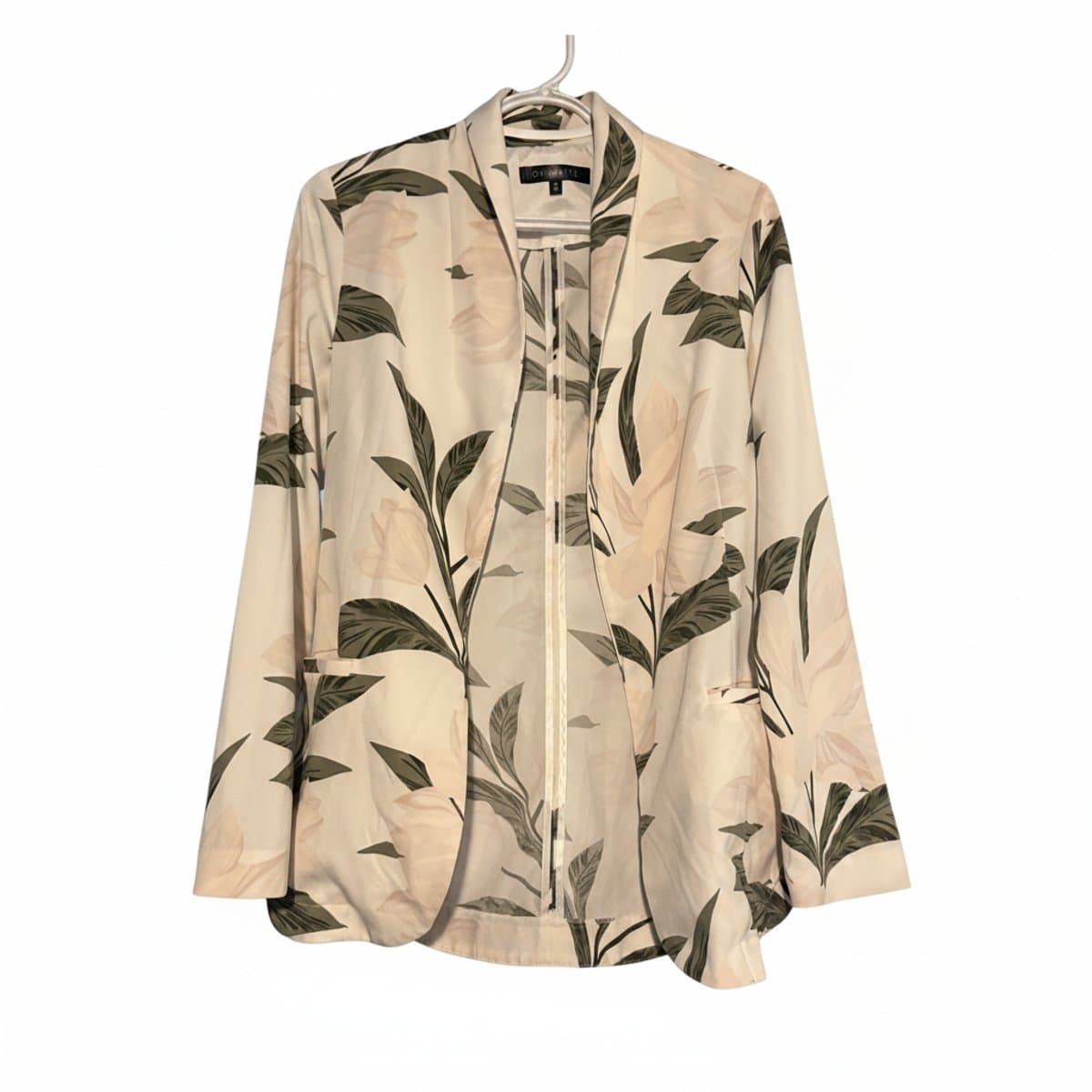 Women's Dynamite open-front floral blazer in cream and sage green, size M, elegant botanical print, available at handpicked306 boutique in Carlyle SK.