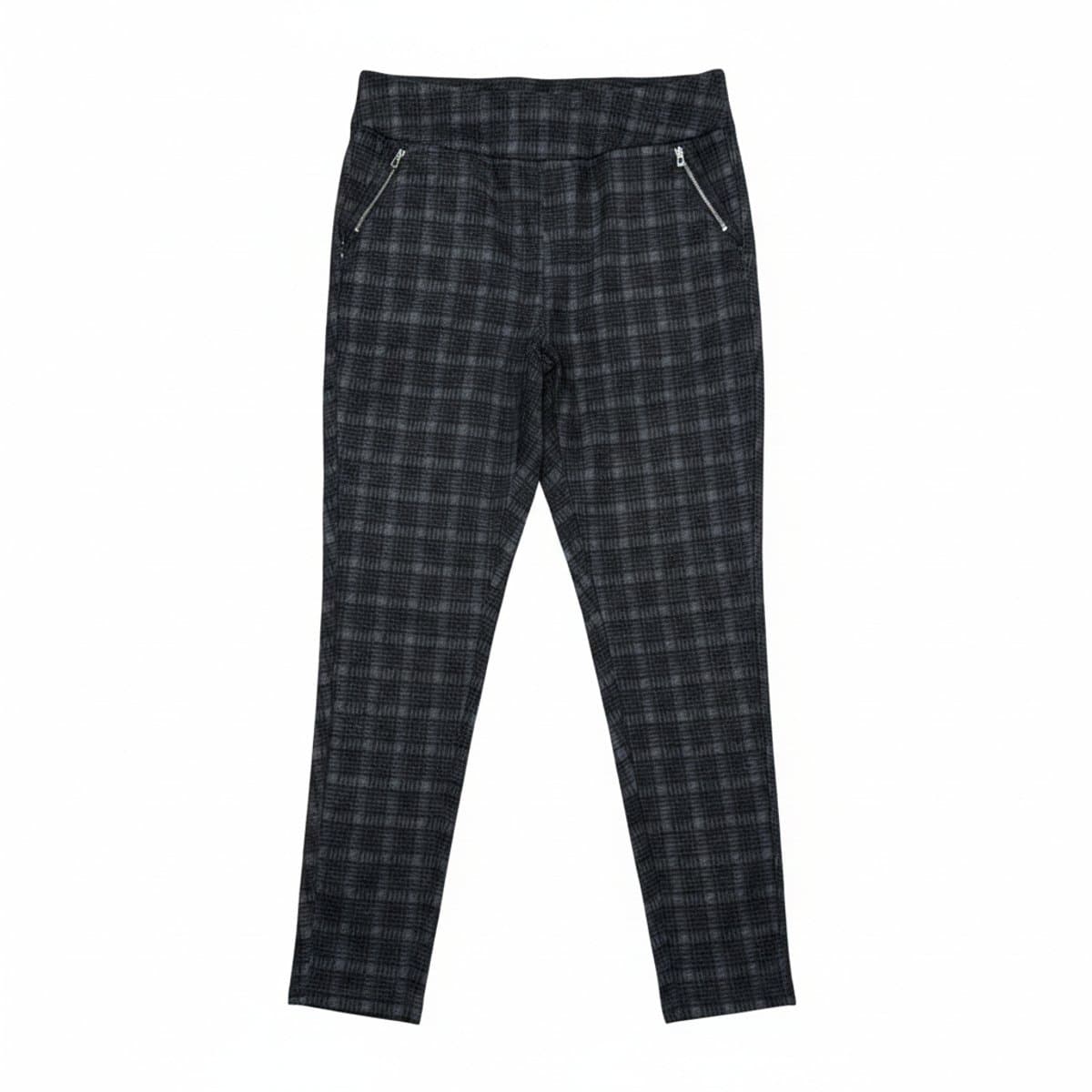 Women's slim-fit charcoal plaid trousers with silver zipper pocket details, minimalist style, available at handpicked306 boutique.