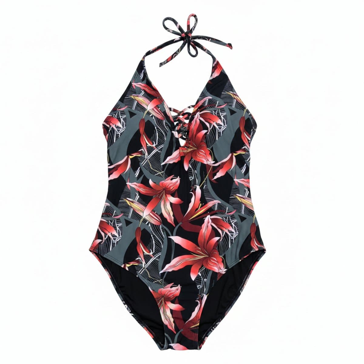 Womens floral print one-piece swimsuit with lace-up neckline and halter tie, tropical botanical pattern, available at handpicked306 boutique.