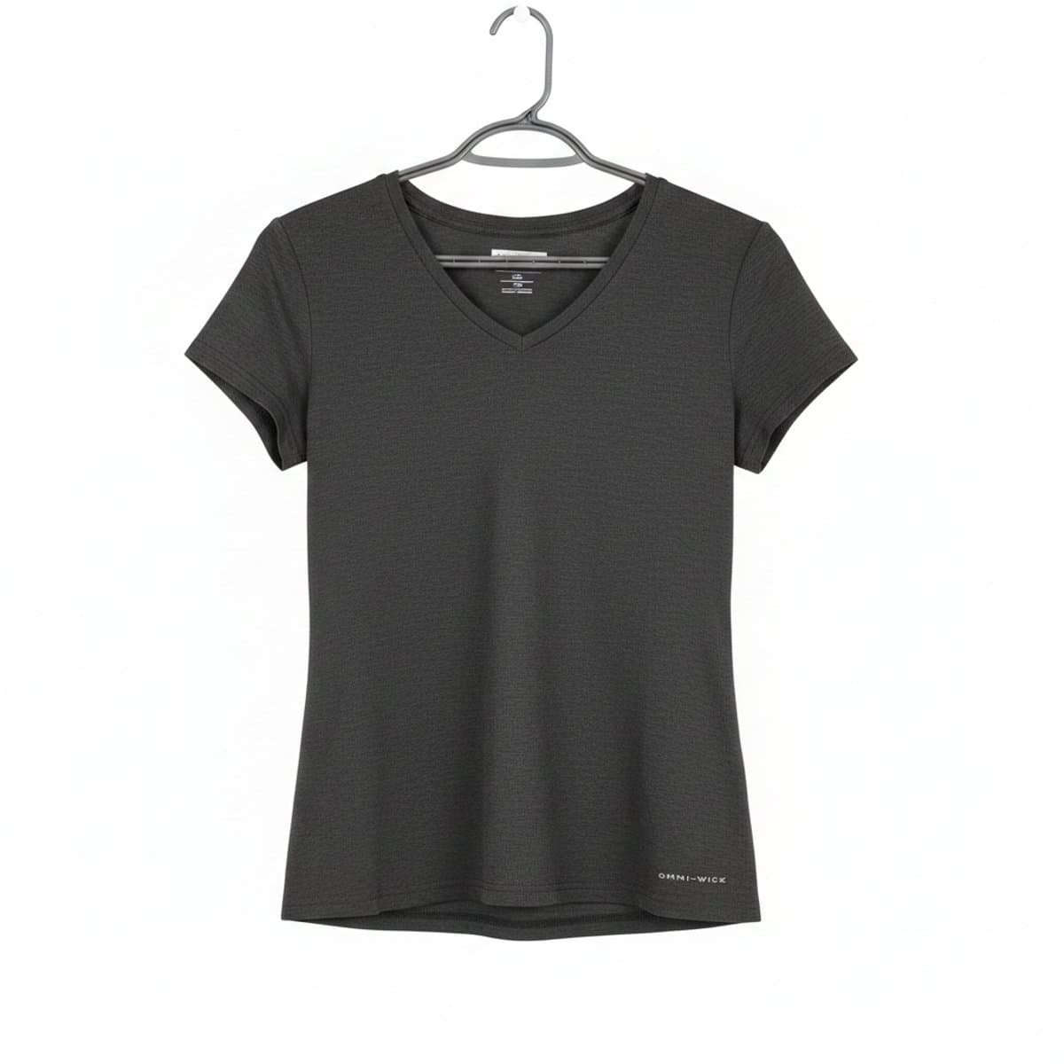 Women's Columbia Omni-Wick charcoal grey v-neck performance t-shirt, athletic fit, high-quality moisture-wicking material, available at handpicked306 boutique.
