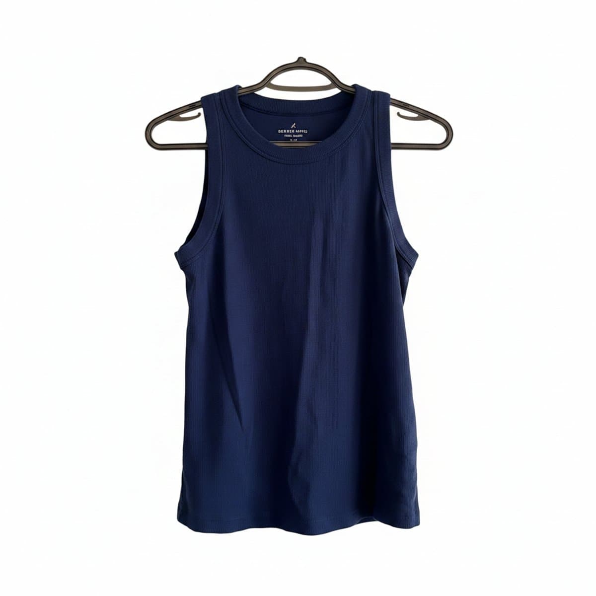 Women's navy blue Denver Hayes fitted tank top, crew neck sleeveless basic, high-quality essential, available at handpicked306 boutique.