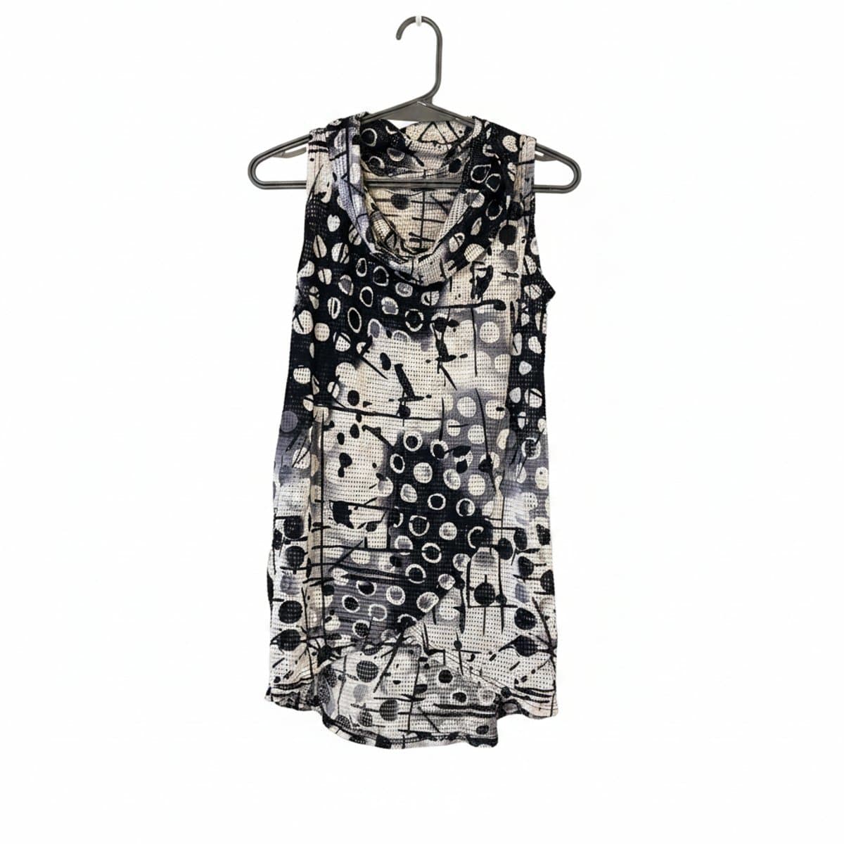 Chico's abstract black and white graphic print sleeveless cowl-neck top, textured knit fabric, available at handpicked306 boutique in Carlyle SK.