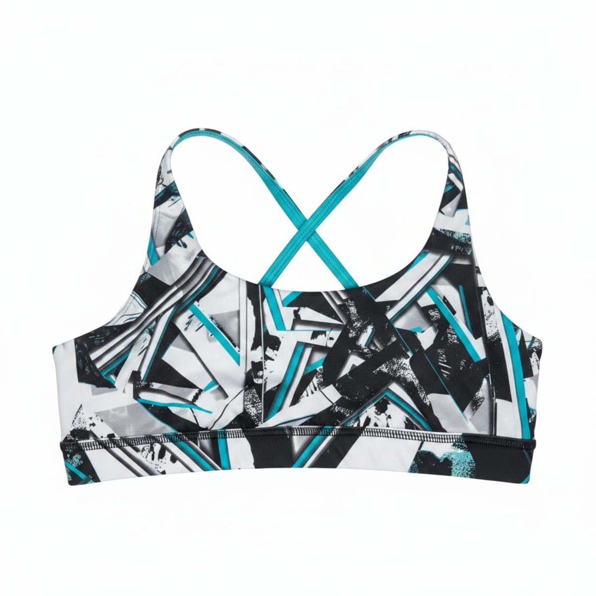 Athletic Works women's racerback sports bra, abstract geometric pattern in teal and black, size medium, available at handpicked306 boutique.