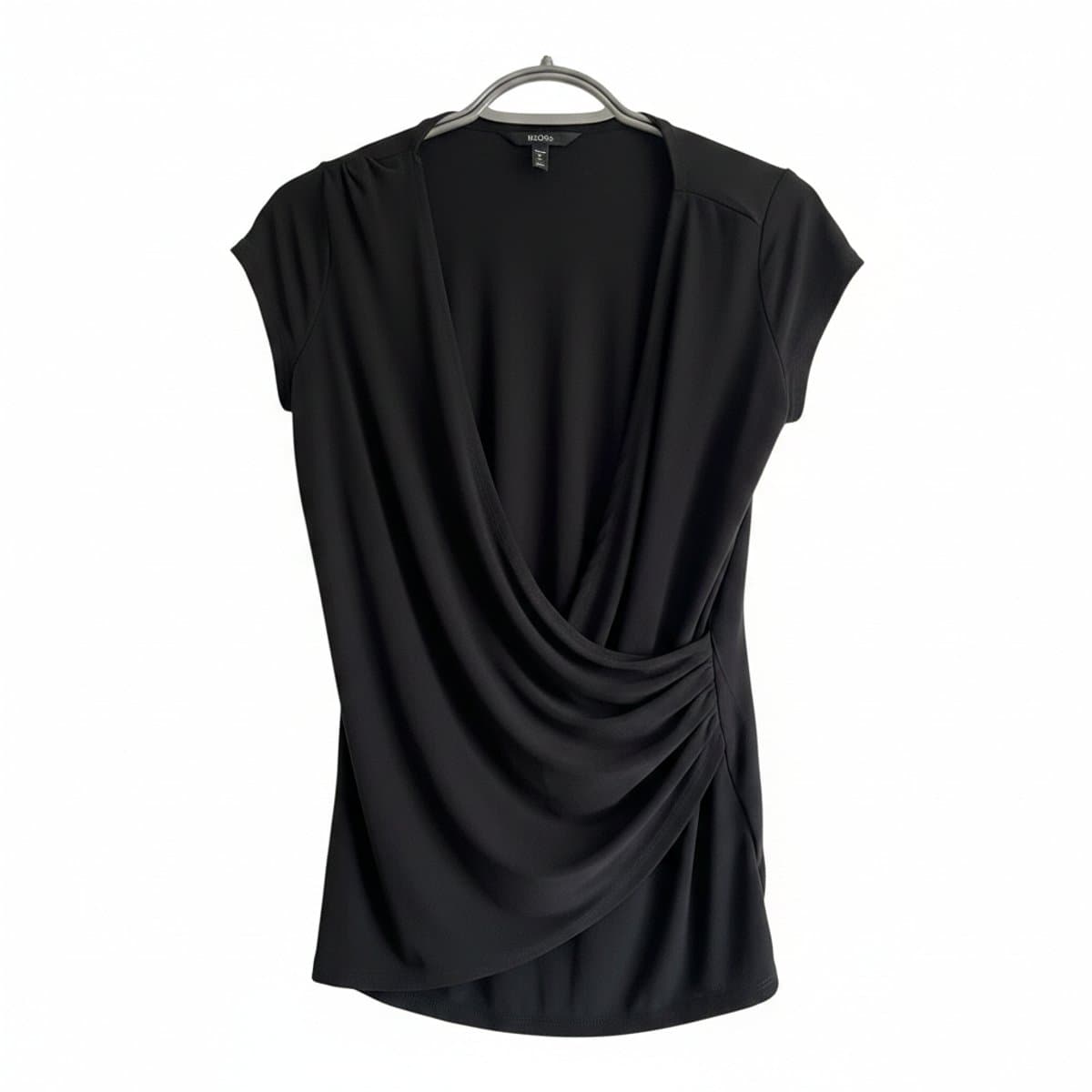 Forever 21 black draped top with wrap-effect neckline, minimalist style, perfect for layering, available at handpicked306 boutique.