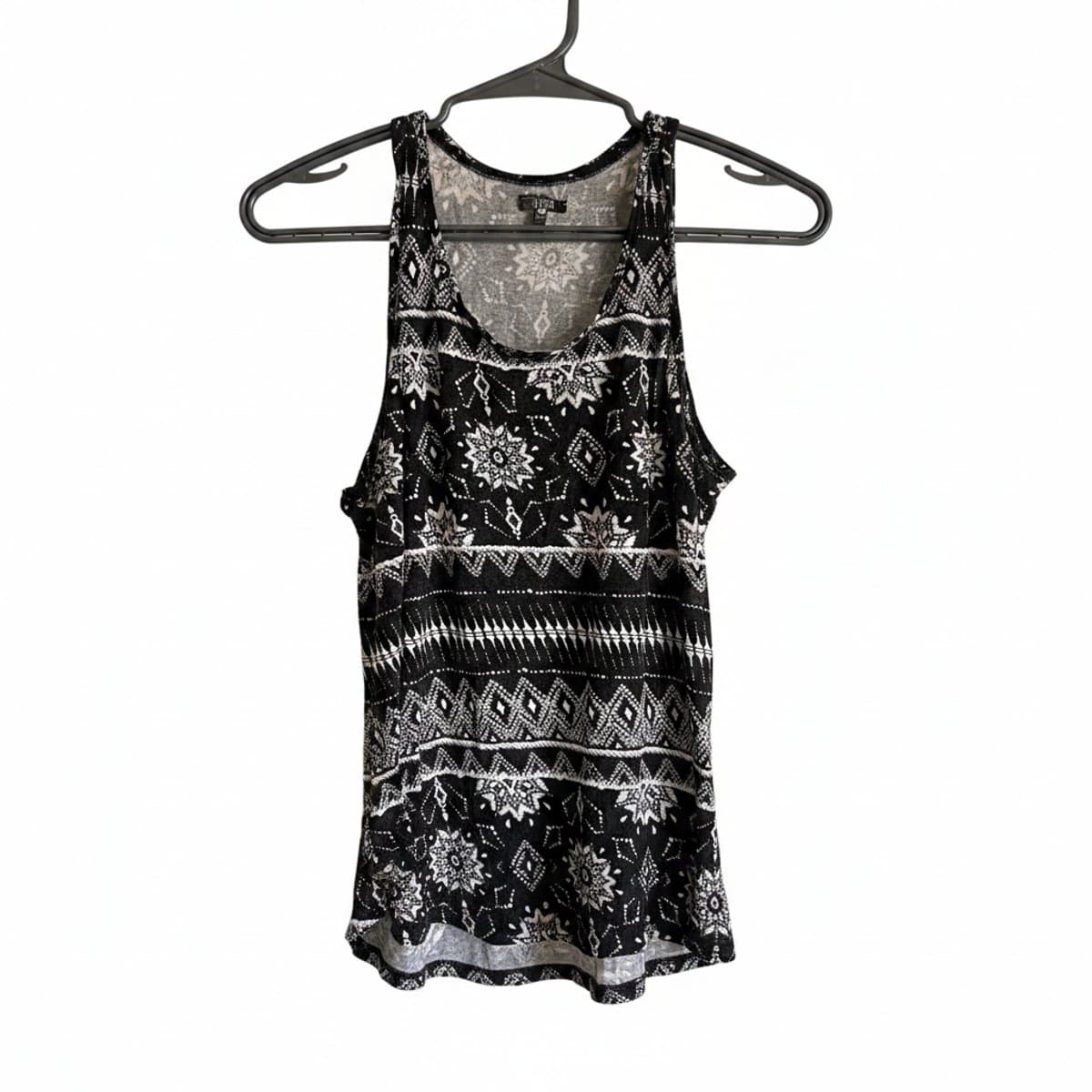 Women's Azur black and white patterned sleeveless tank top with tribal geometric print, available at handpicked306 boutique in Carlyle SK.