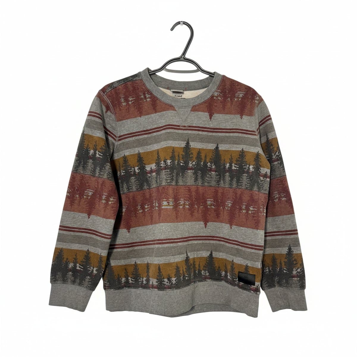 American Eagle Outfitters grey and earth-toned forest print crewneck sweatshirt, featuring a landscape evergreen design and v-notch collar, available at handpicked306 boutique in Carlyle SK.
