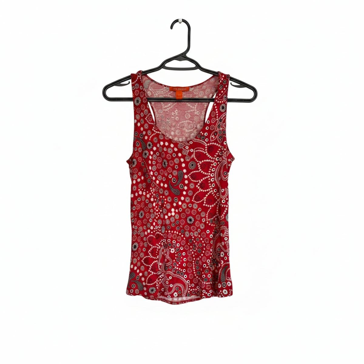 Women's Joe Fresh red bandana print tank top, sleeveless scoop neck design, casual bohemian style, available at handpicked306 boutique.