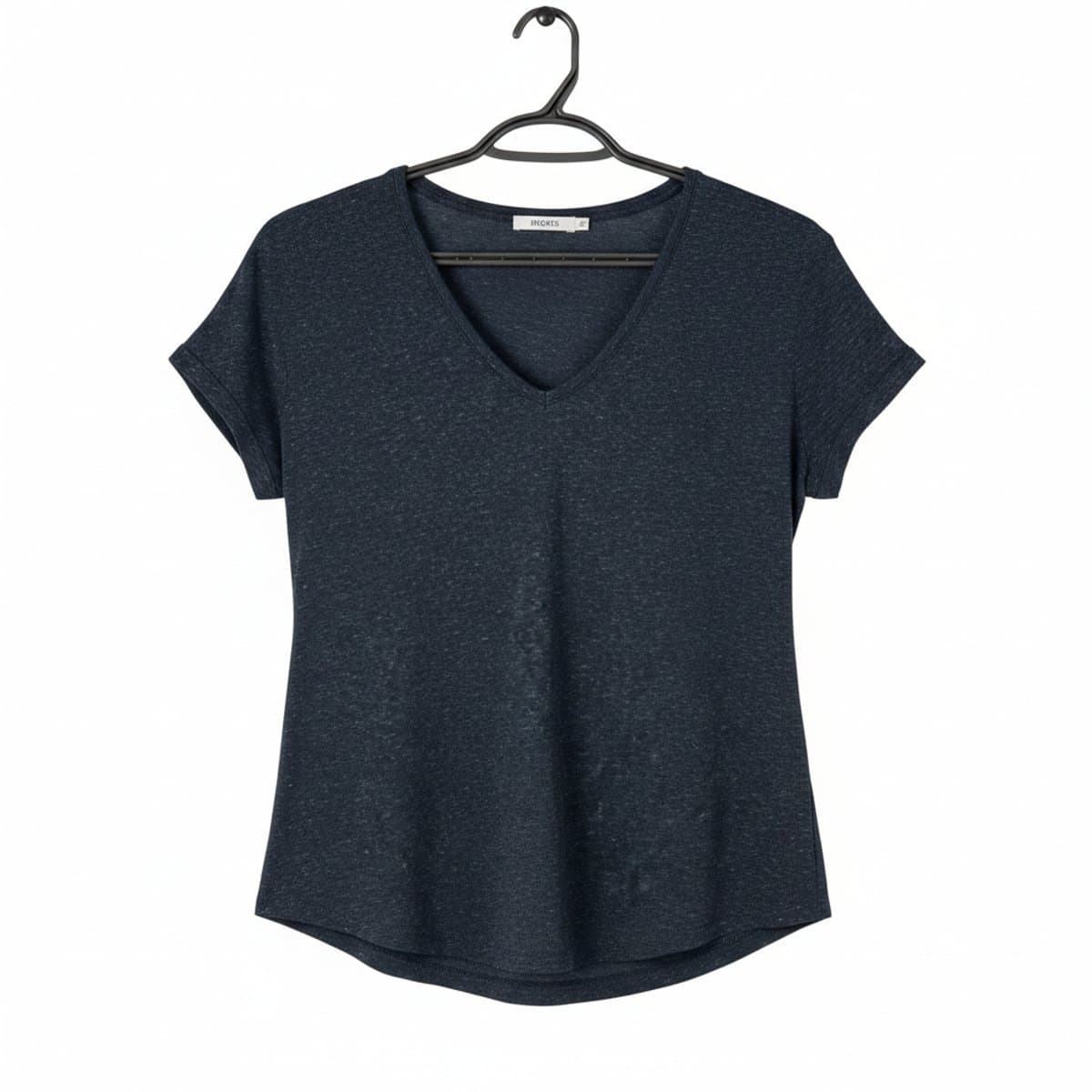 A heathered blue V-neck t-shirt by Ricki's, high-quality fabric, short sleeves, minimalist style, available at handpicked306 boutique in Carlyle SK.