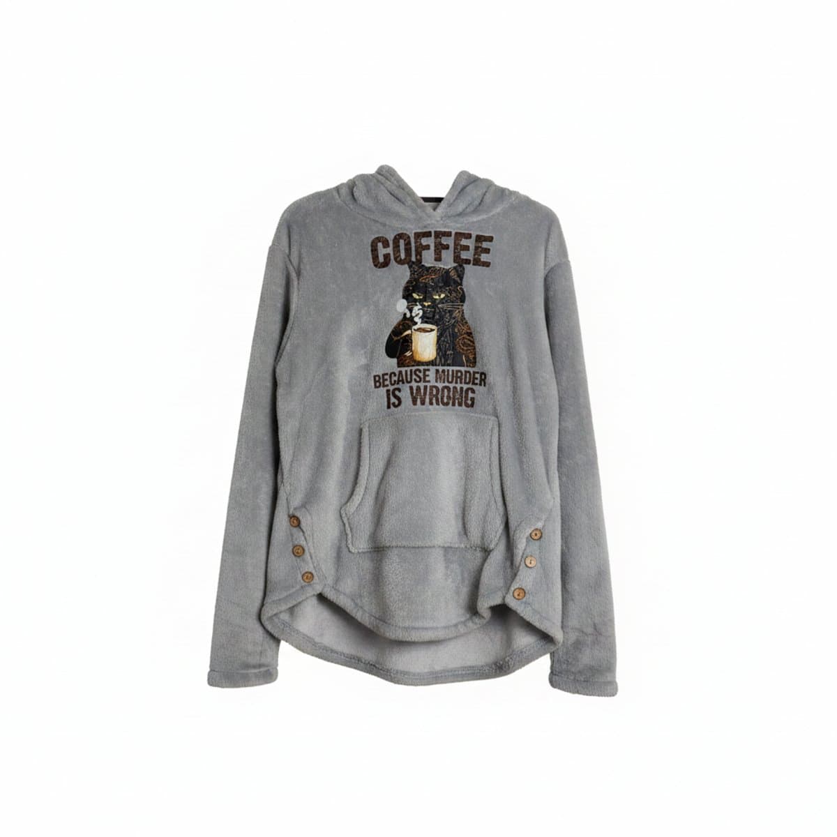A cozy grey plush fleece hoodie with a black cat drinking coffee graphic and funny text, featuring side button accents, available at handpicked306 boutique.