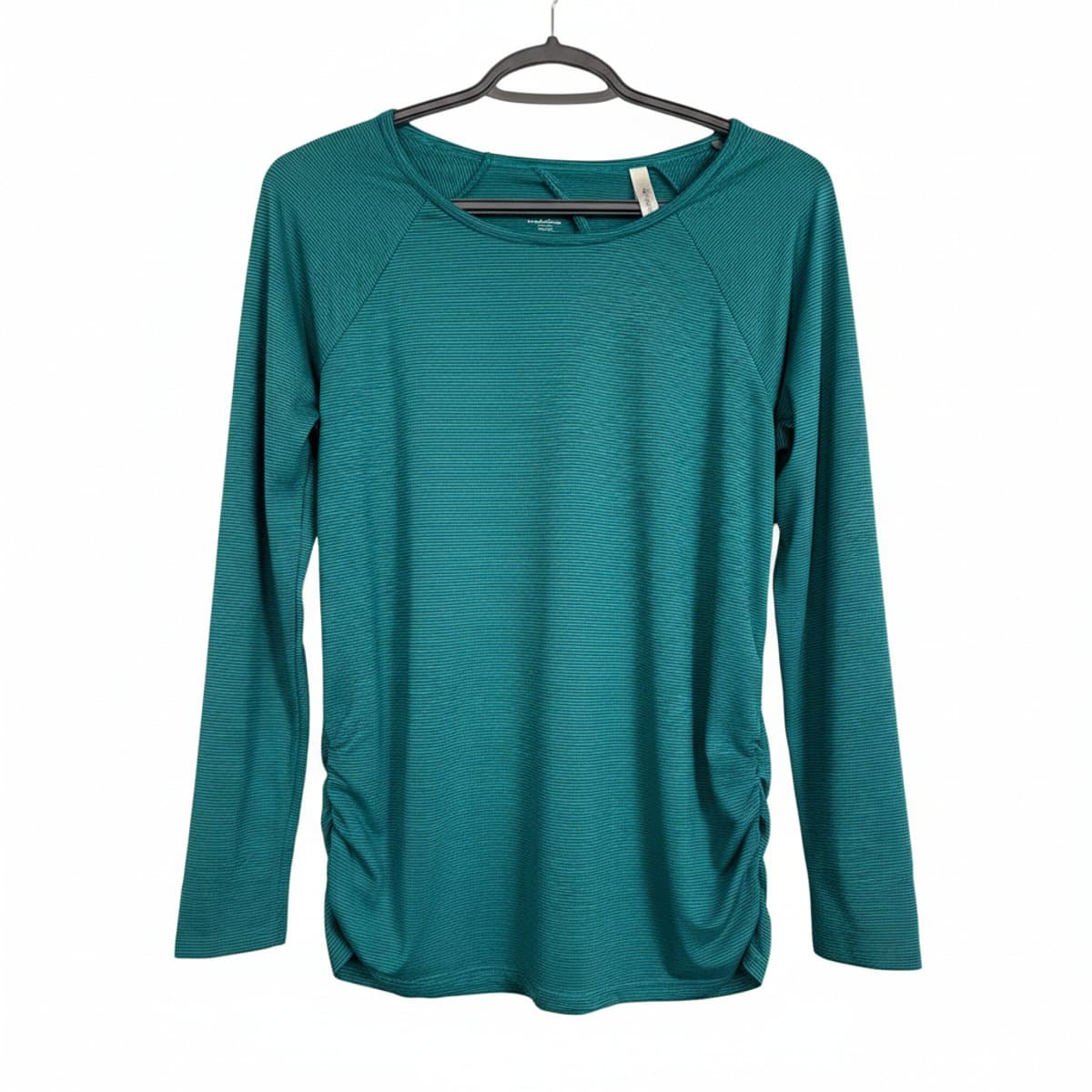 Womens Shangri-La long sleeve tee in deep teal with fine stripes and side-ruching, minimalist aesthetic, available at handpicked306 boutique.