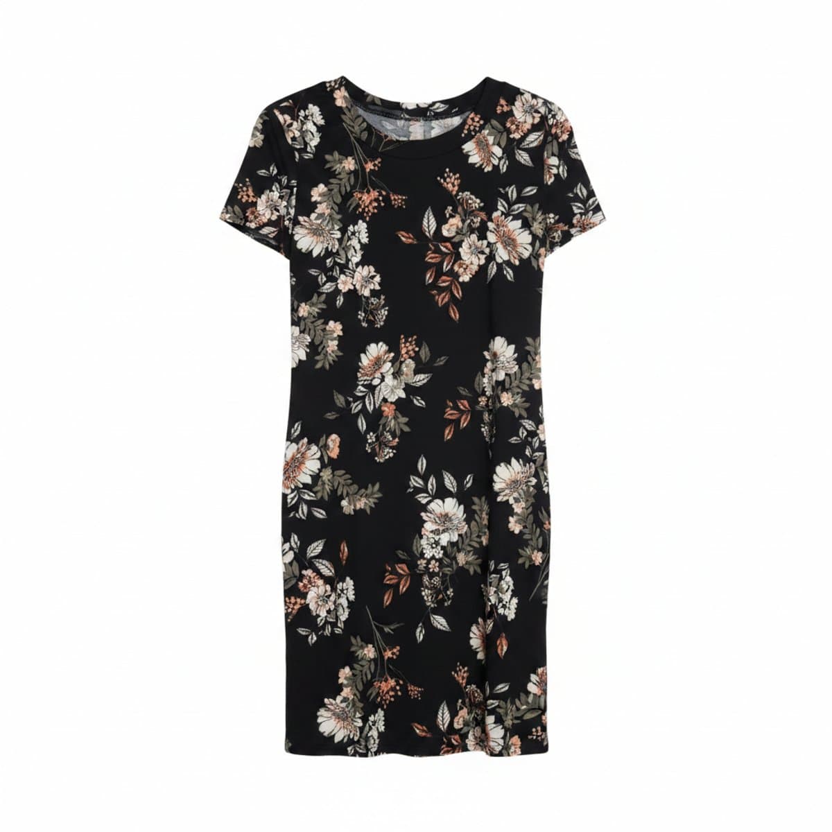 Women's black floral shift dress with neutral botanical print, crew neck style, available at handpicked306 boutique in Carlyle SK.