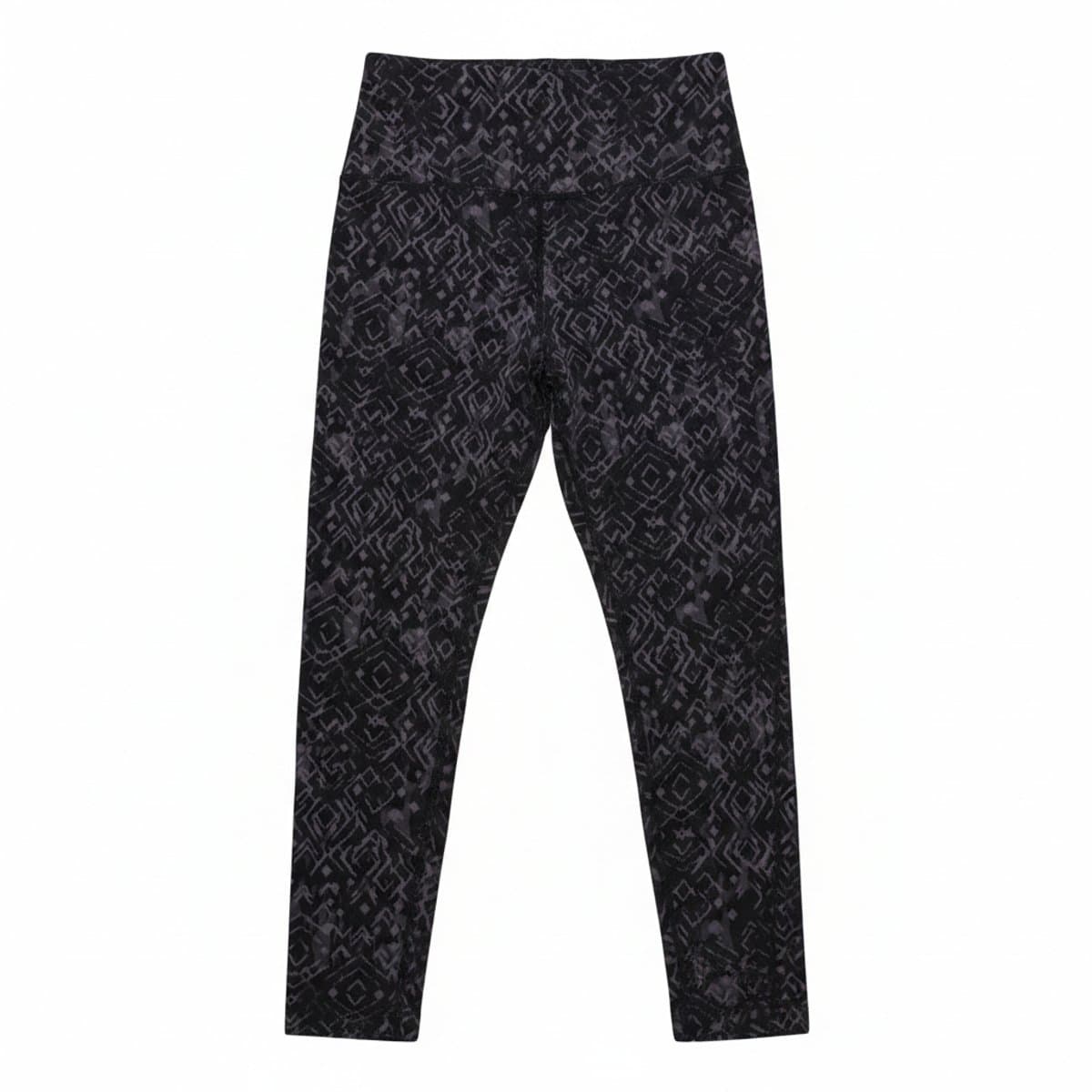 Athleta women's high-rise leggings in a black and charcoal geometric print with functional side ankle zippers, available at handpicked306 boutique.